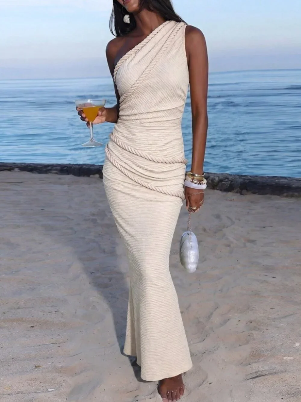 Cream Textured Knit One-Shoulder Rope Appliqué Draped Mermaid Maxi Dress